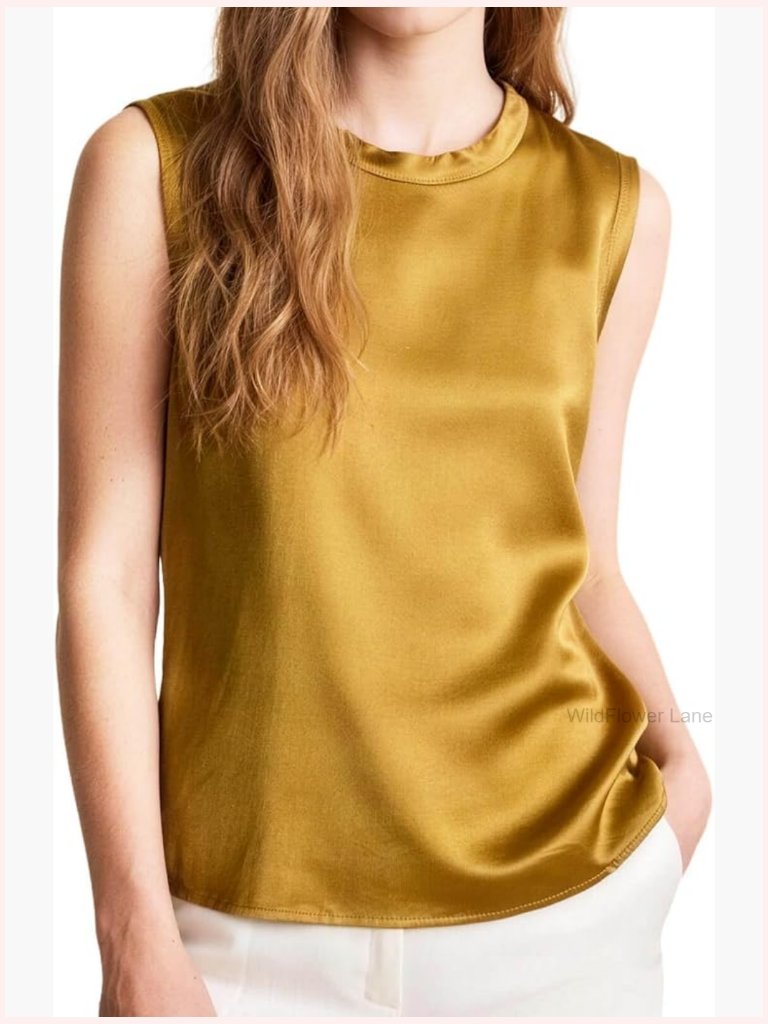 Mulberry Silk Sleeveless Tank Top Blouse Summer Camisole Elegant Crew Neck
